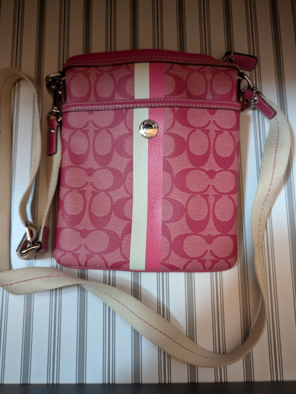 Coach Pink Signature Stripe Small Crossbody